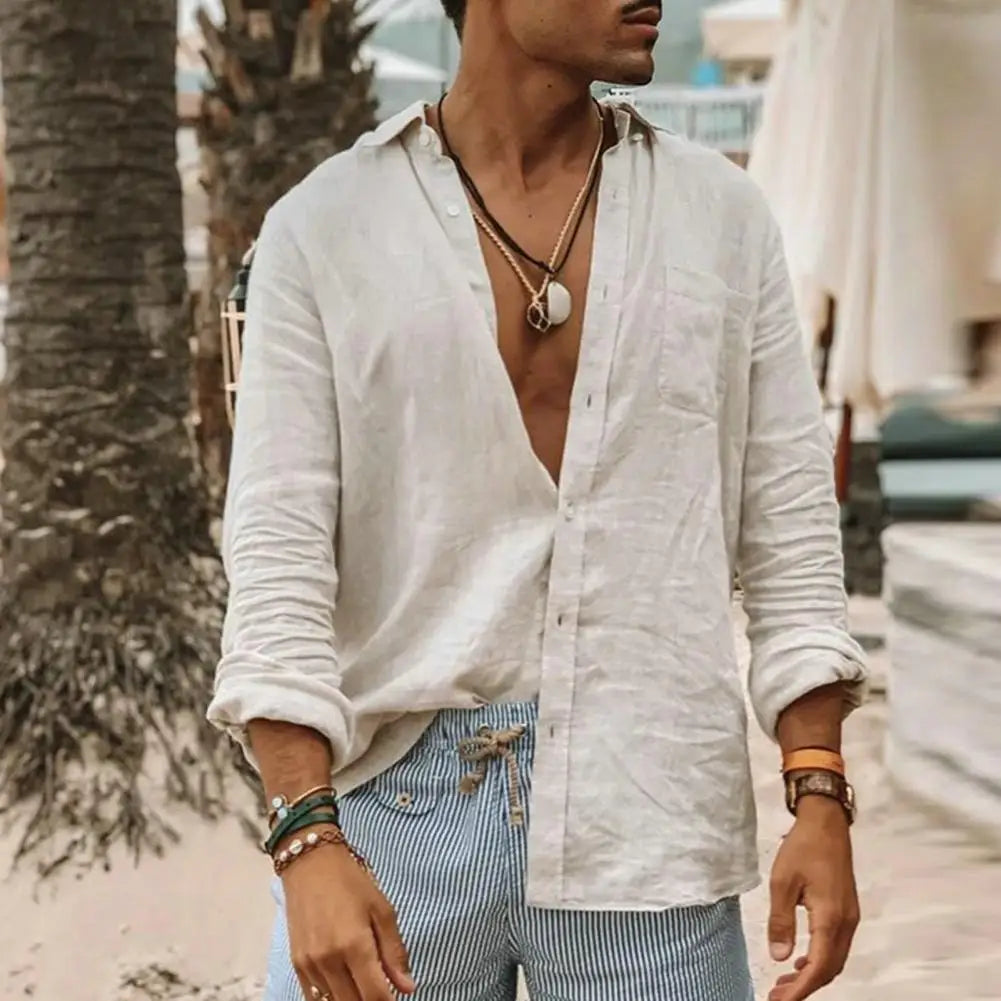 Męska Lniana Koszula z Długim Rękawem w Stylu Boho