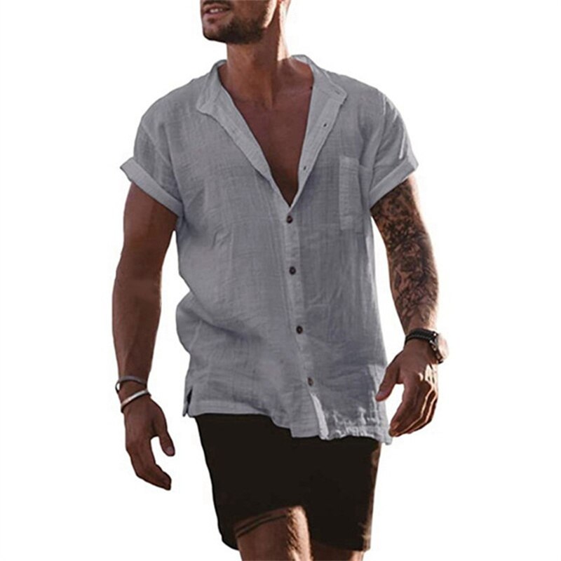 Męska Koszula Lniana z Krótkim Rękawem i Kołnierzykiem V-Neck