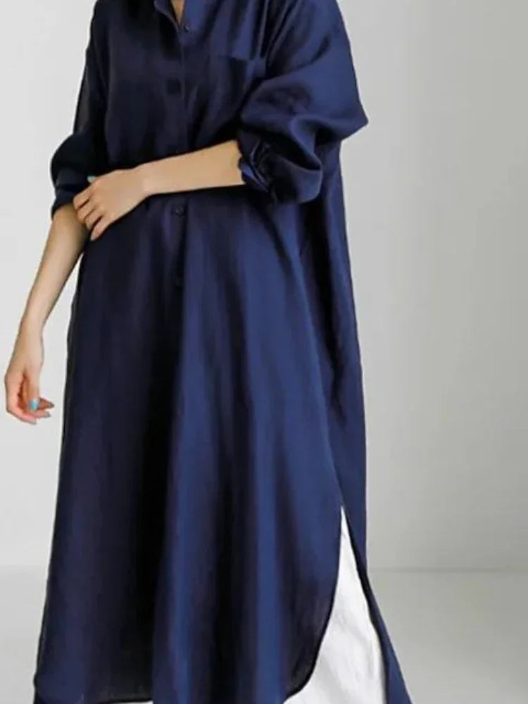 Lniana sukienka koszulowa midi z rozcięciem i długim rękawem