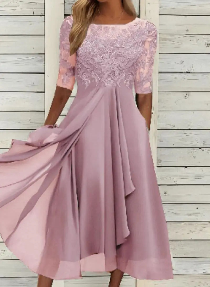 Elegancka Sukienka Midi z Koronką i Szyfonową Spódnicą