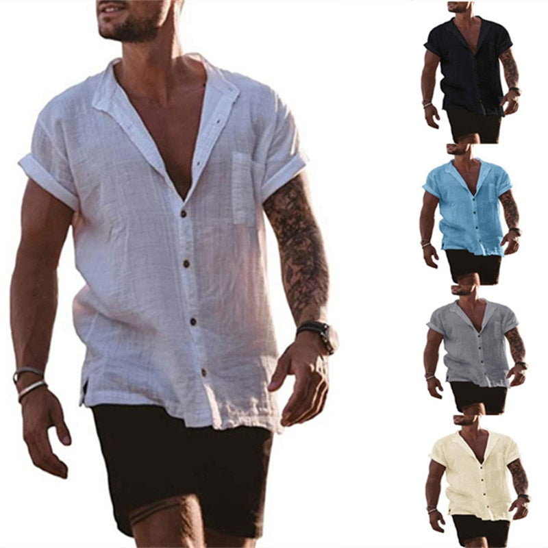 Męska Koszula Lniana z Krótkim Rękawem i Kołnierzykiem V-Neck