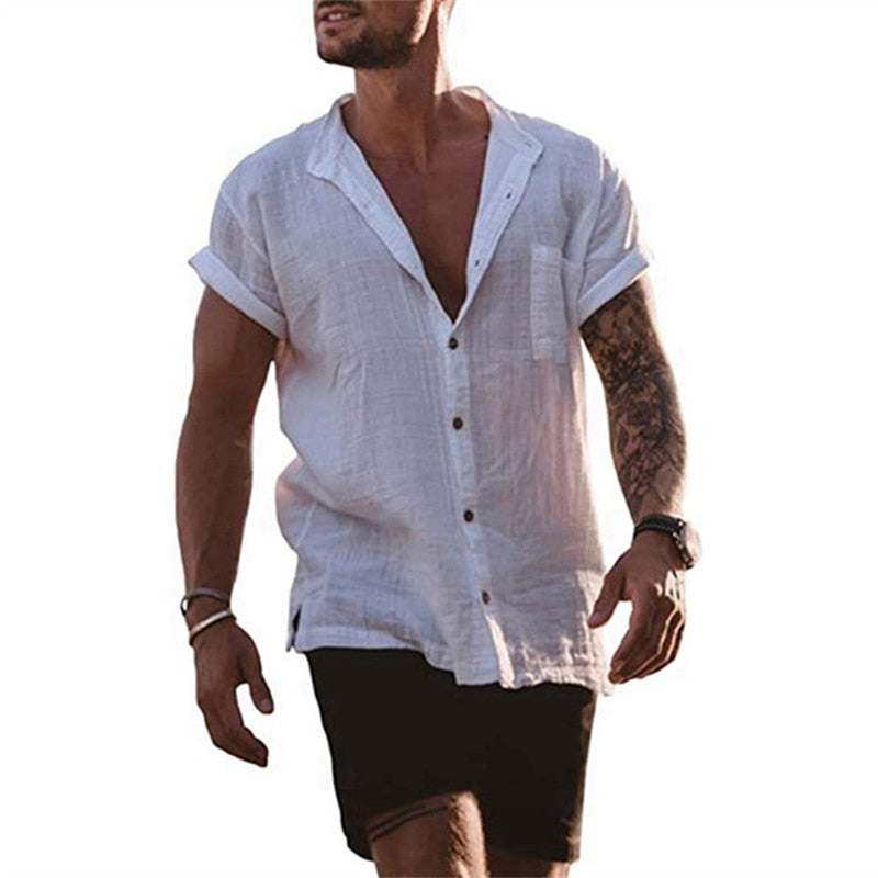 Męska Koszula Lniana z Krótkim Rękawem i Kołnierzykiem V-Neck