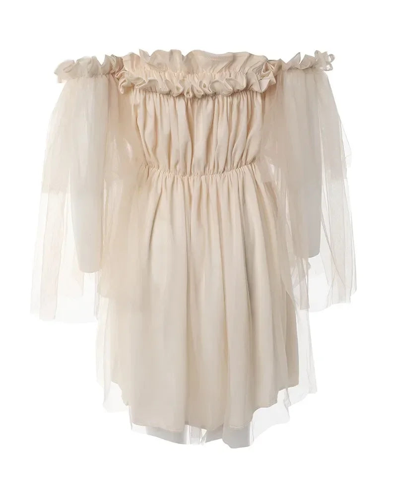 Damska zwiewna sukienka mini hiszpanka z tiulowymi rękawami