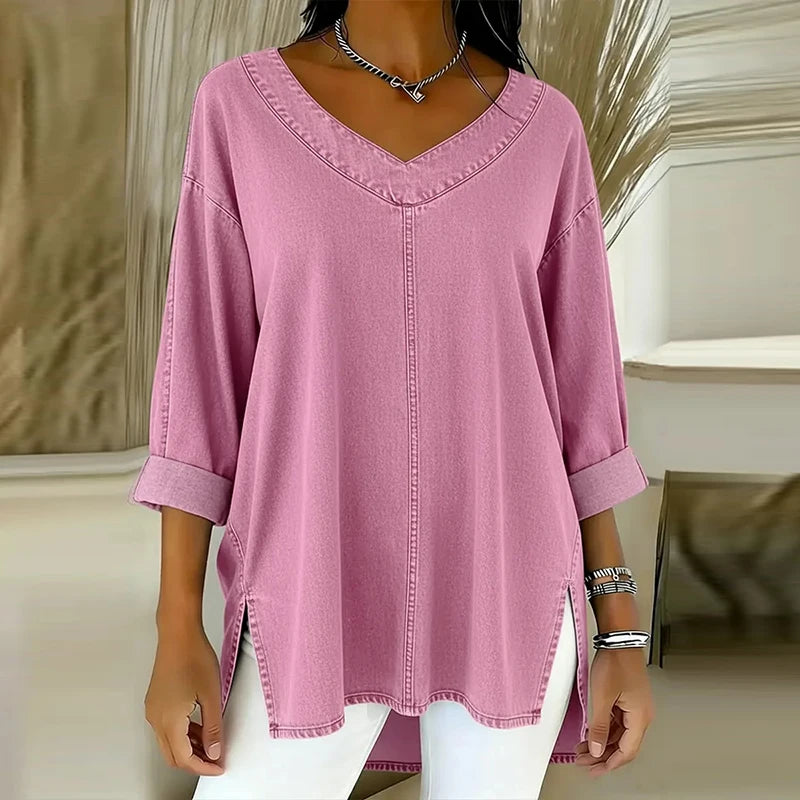 Damska Tunika z Dekoltem V – Luźna Bluzka o Przedłużonym Kroju