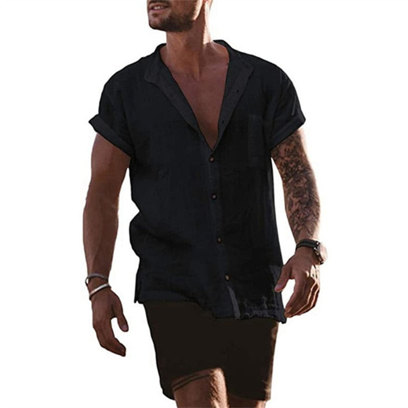 Męska Koszula Lniana z Krótkim Rękawem i Kołnierzykiem V-Neck