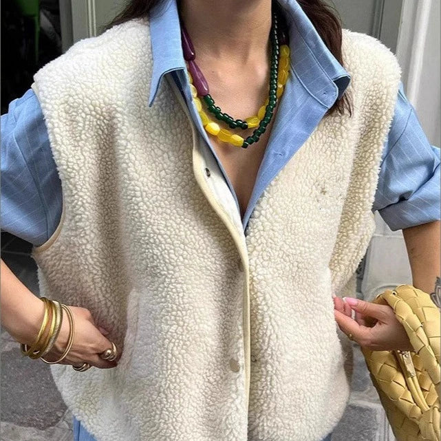 Damska kamizelka typu miś, zapinana na napy, casual na chłodne dni