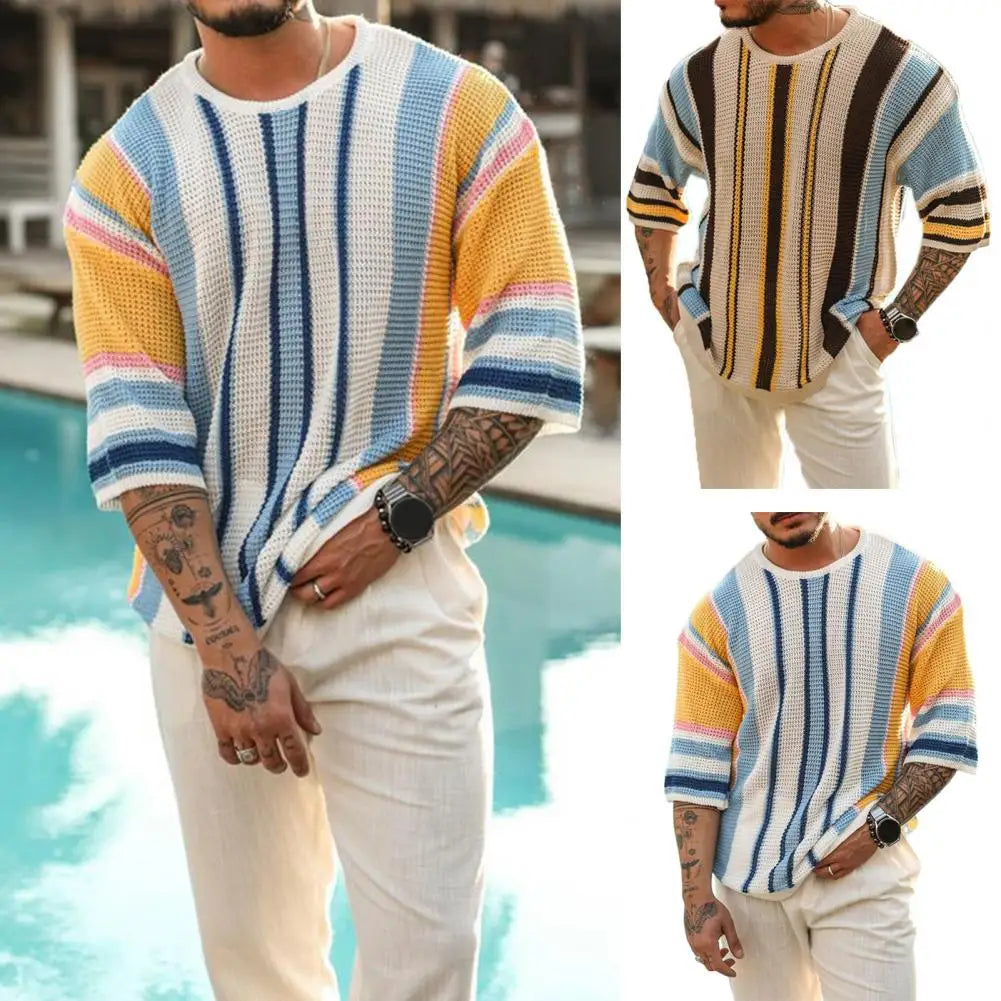 Męski Dzianinowy T-shirt Boho z Kolorowymi Paskami
