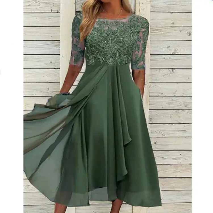 Elegancka Sukienka Midi z Koronką i Szyfonową Spódnicą