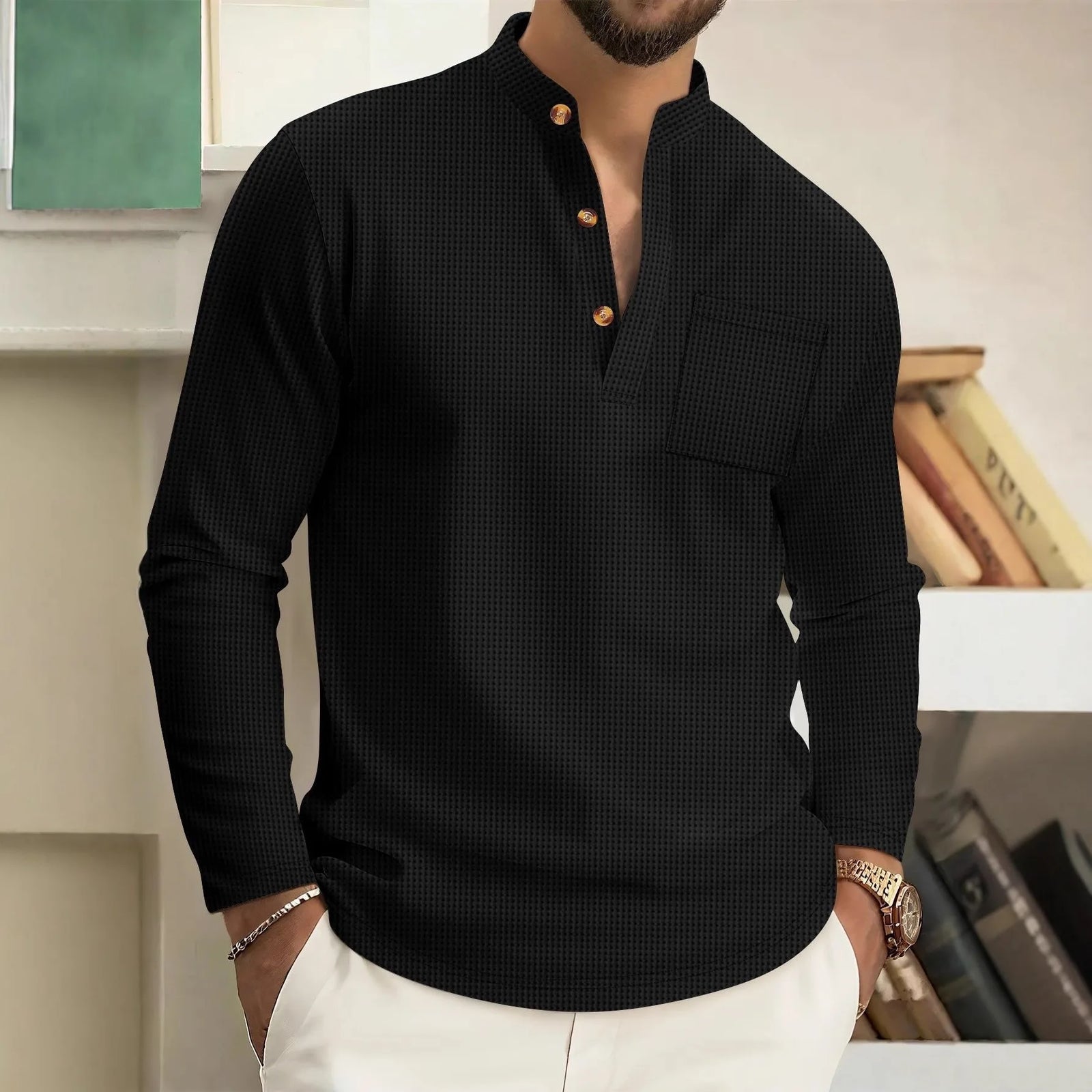 Męska Koszulka Henley z Długim Rękawem