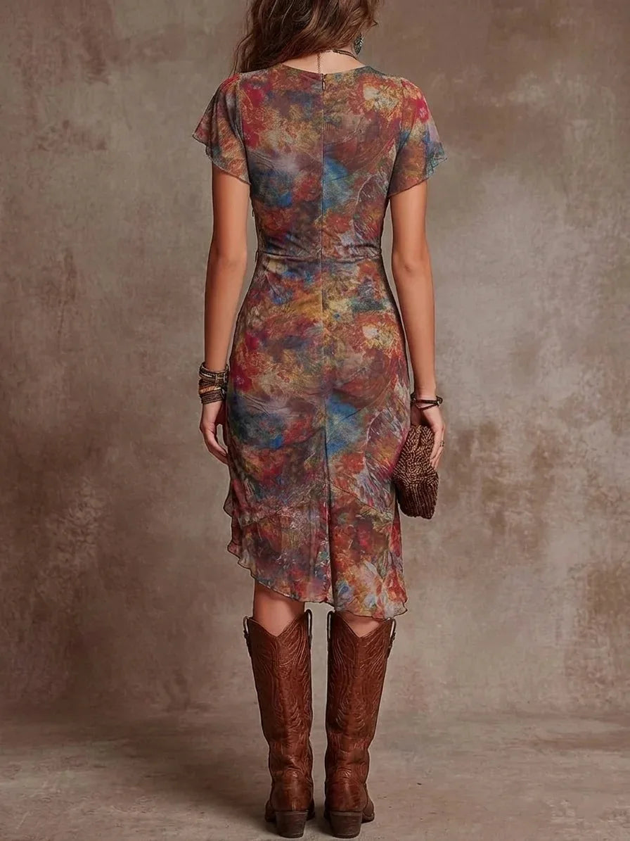 Sukienka Boho Midi z Marszczoną Talią i Asymetrycznym Dołem