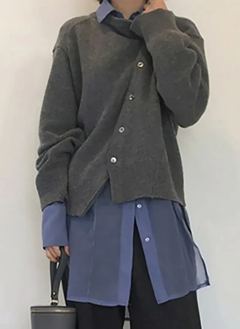 Asymetryczny kardigan damski z guzikami – miękki sweter oversize w stylu casual