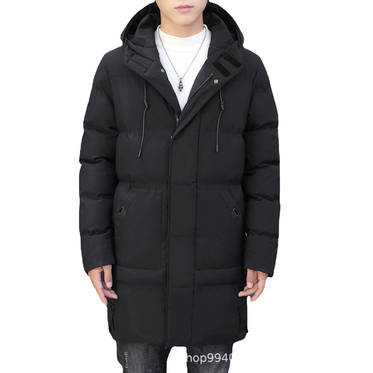 Męska długa kurtka zimowa z kapturem – pikowany płaszcz ocieplany
