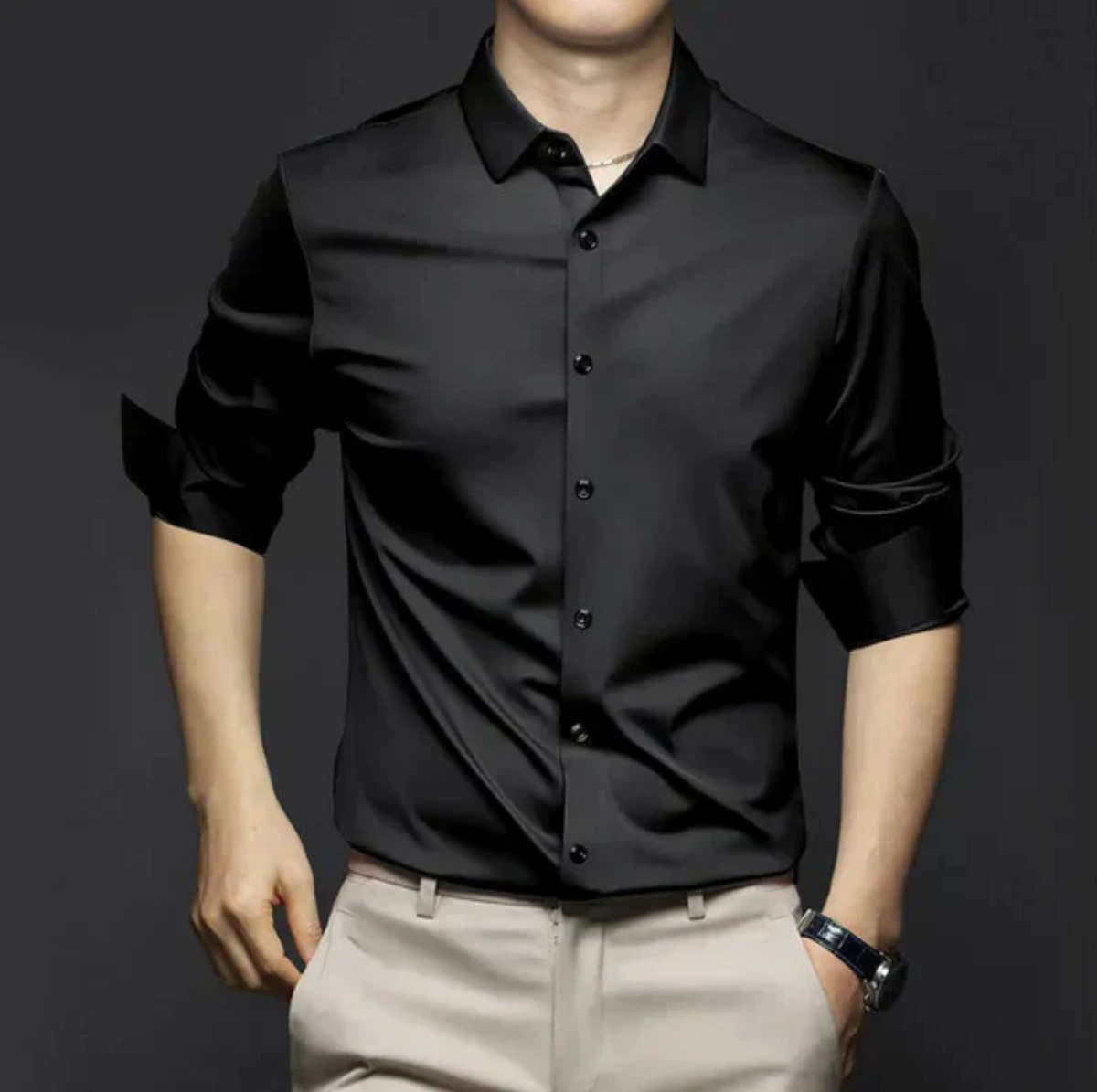 Męska koszula elegancka z długim rękawem – gładka koszula casual biznesowa slim fit