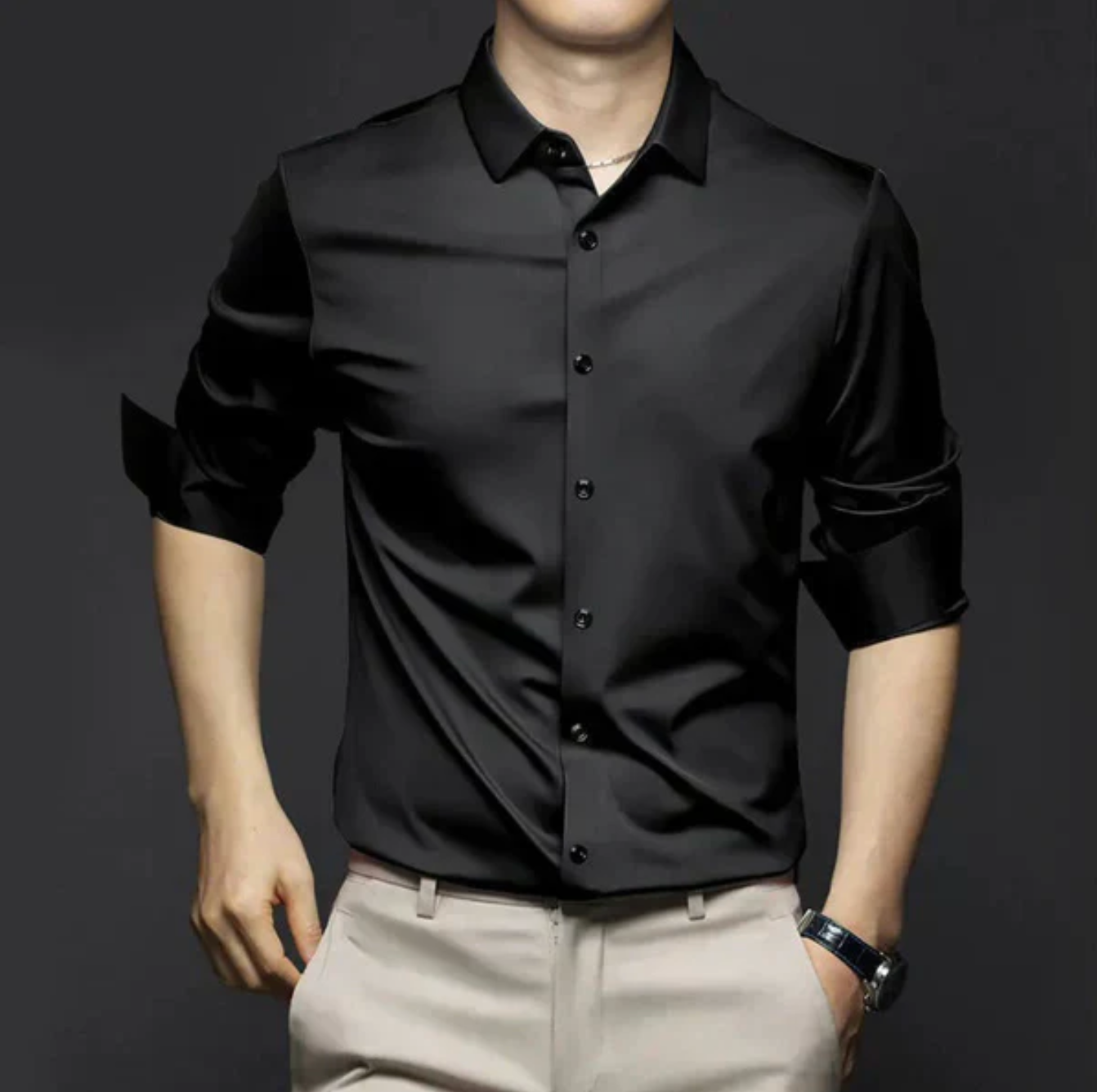 Męska koszula elegancka z długim rękawem – gładka koszula casual biznesowa slim fit