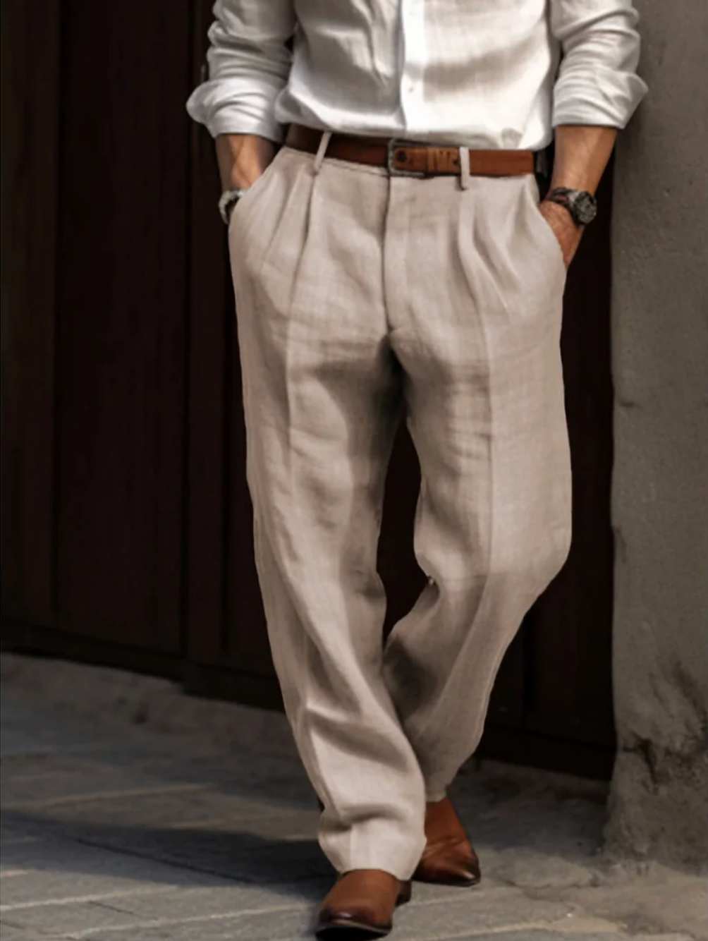 Męskie spodnie lniano-bawełniane eleganckie – spodnie z zakładkami casual smart outfit