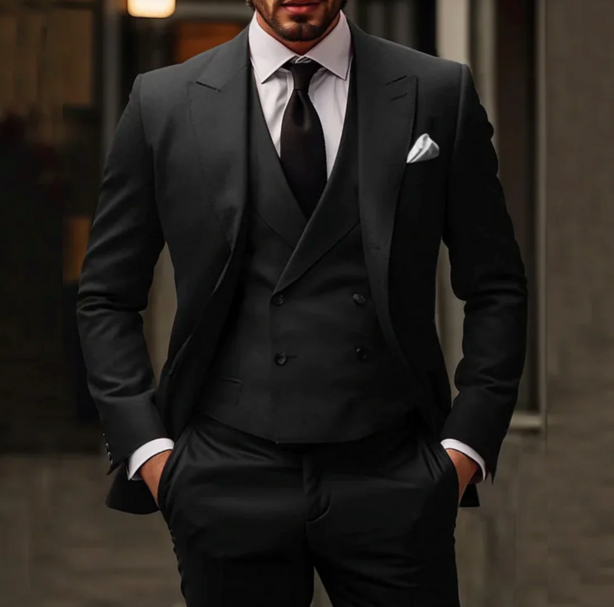 Męski garnitur 3-częściowy elegancki – marynarka, kamizelka i spodnie slim fit formalny zestaw