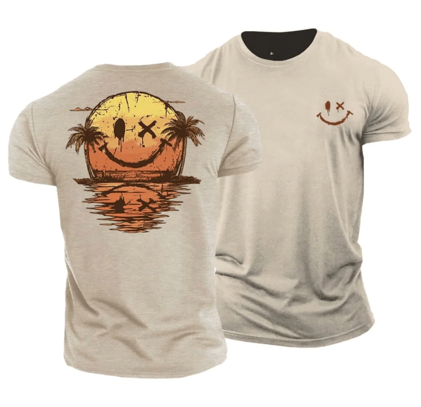 Męski T-shirt z Nadrukiem Sunset Smiley – Bawełniana Koszulka Casual