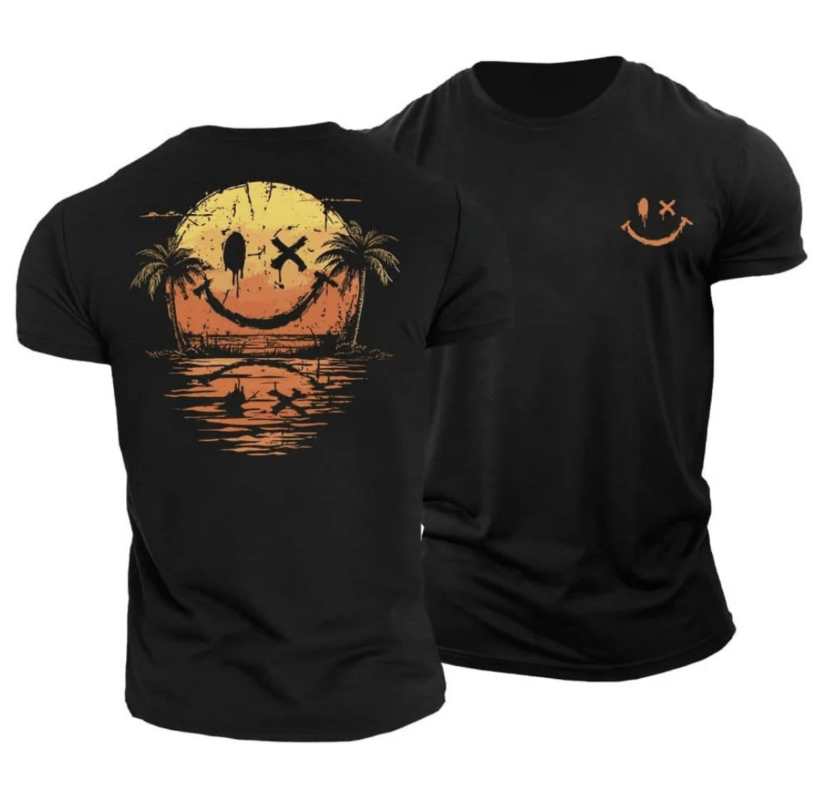 Męski T-shirt z Nadrukiem Sunset Smiley – Bawełniana Koszulka Casual