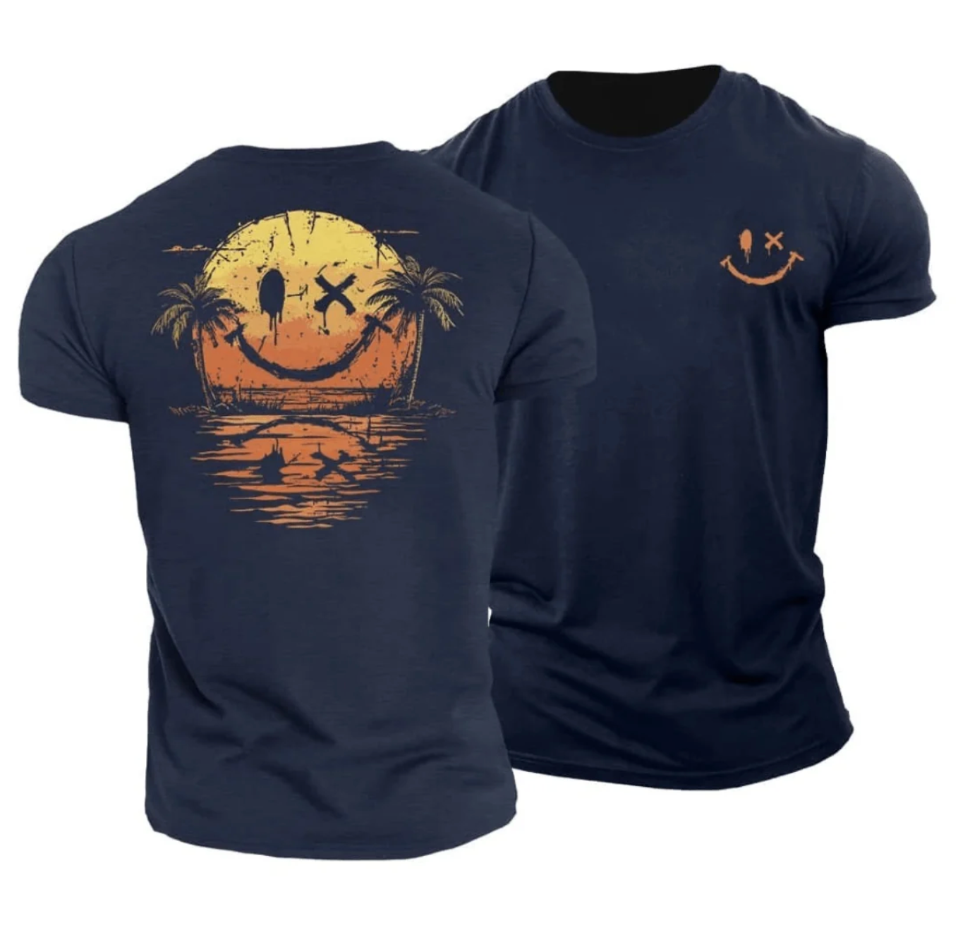 Męski T-shirt z Nadrukiem Sunset Smiley – Bawełniana Koszulka Casual