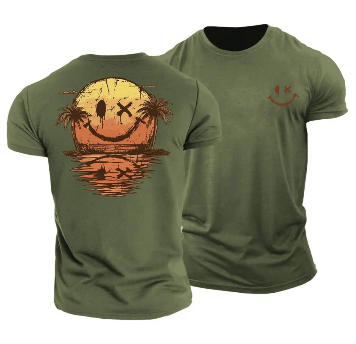 Męski T-shirt z Nadrukiem Sunset Smiley – Bawełniana Koszulka Casual