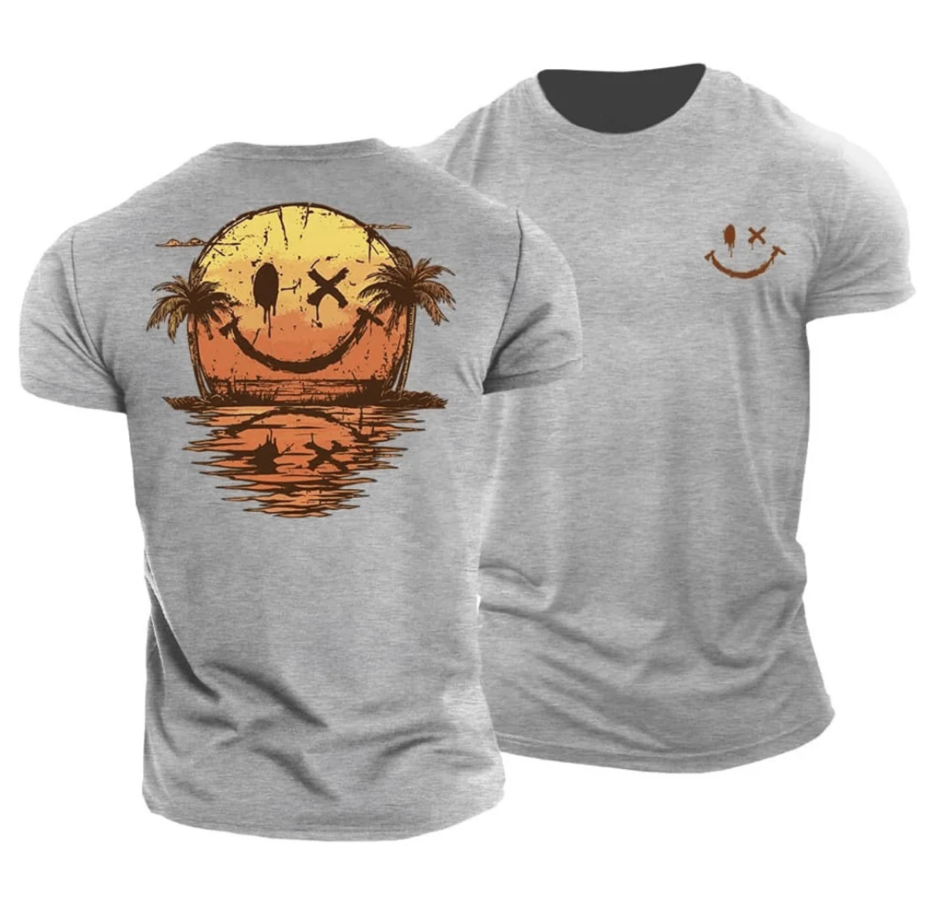 Męski T-shirt z Nadrukiem Sunset Smiley – Bawełniana Koszulka Casual