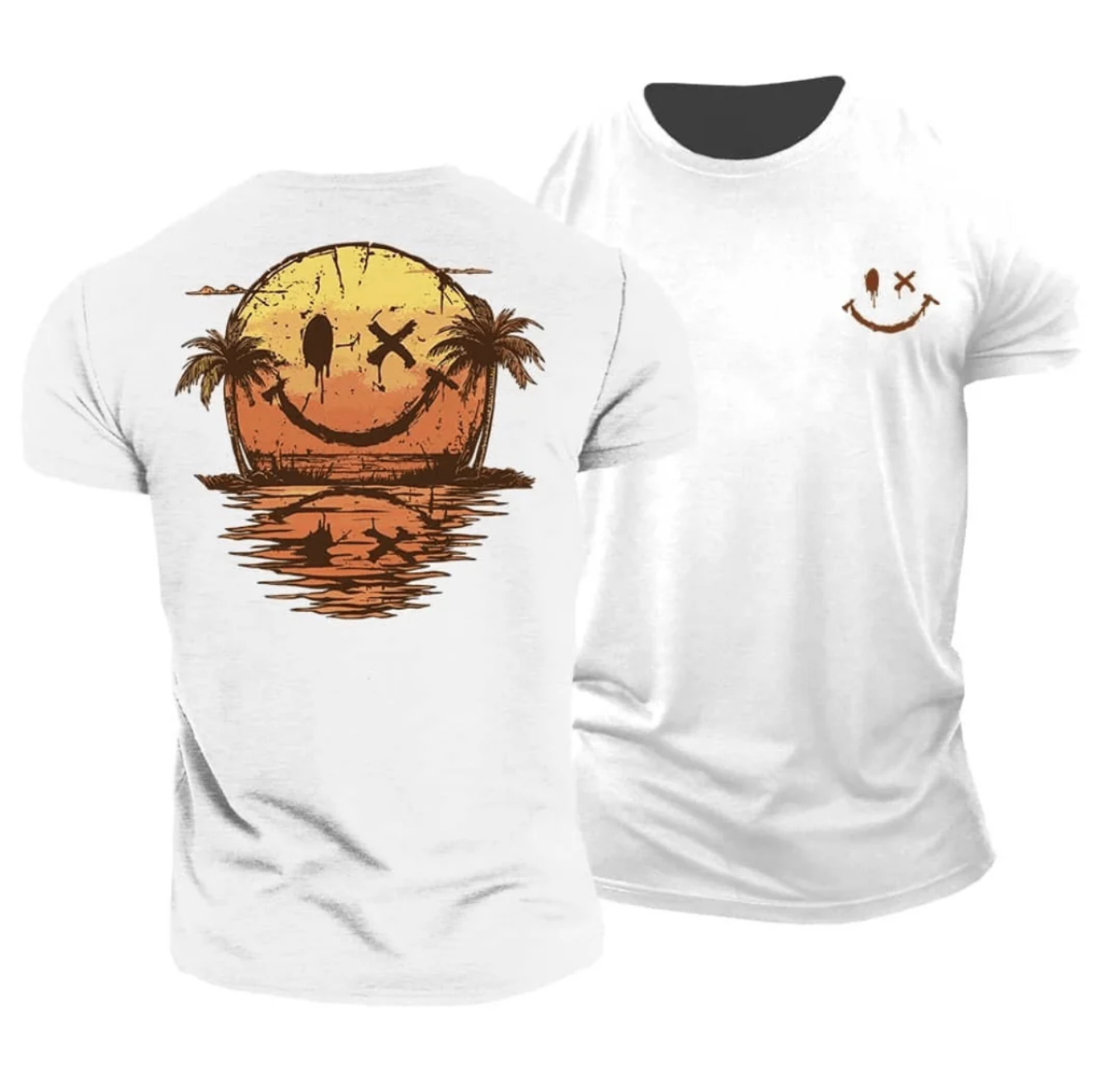 Męski T-shirt z Nadrukiem Sunset Smiley – Bawełniana Koszulka Casual
