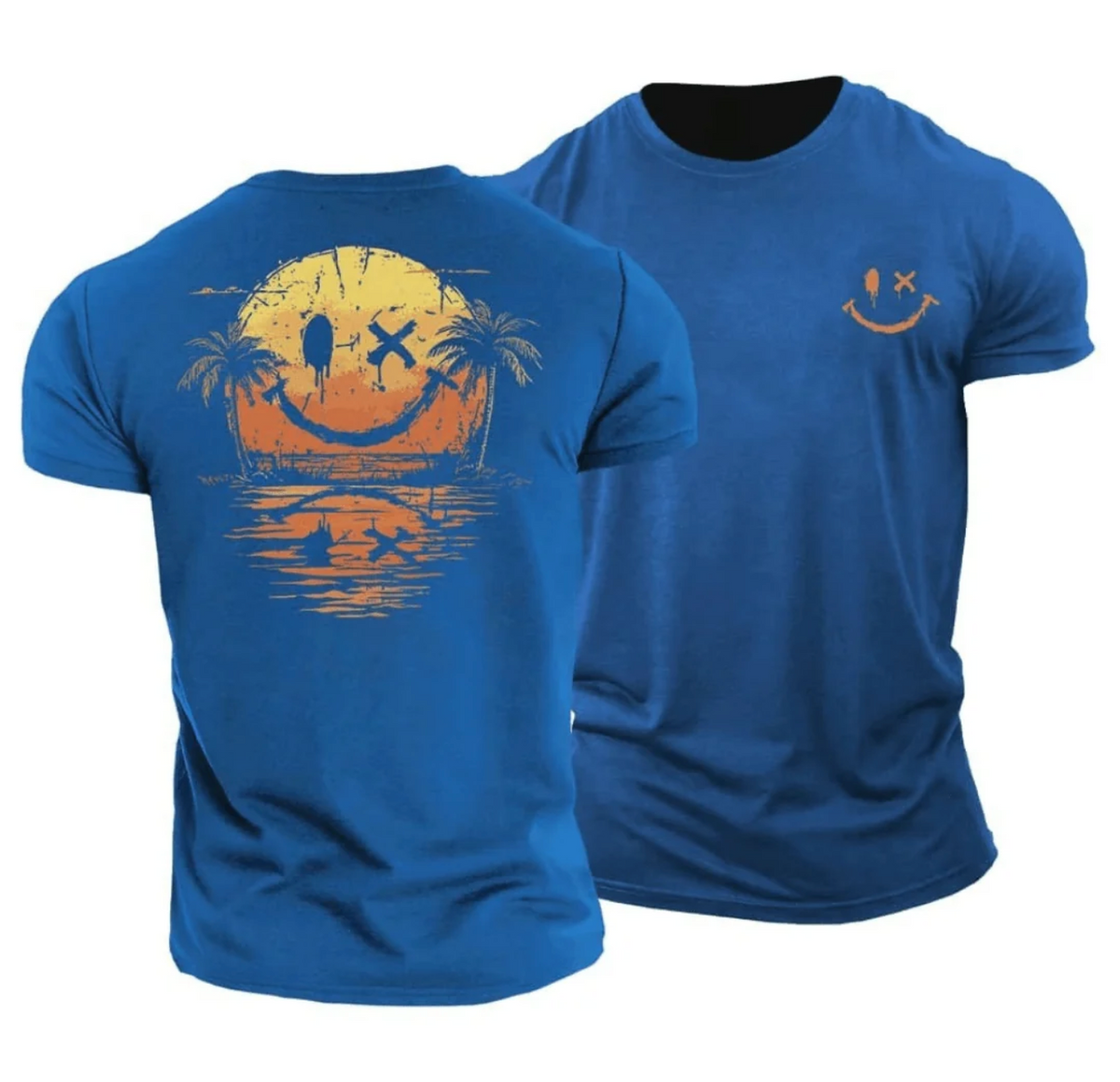 Męski T-shirt z Nadrukiem Sunset Smiley – Bawełniana Koszulka Casual
