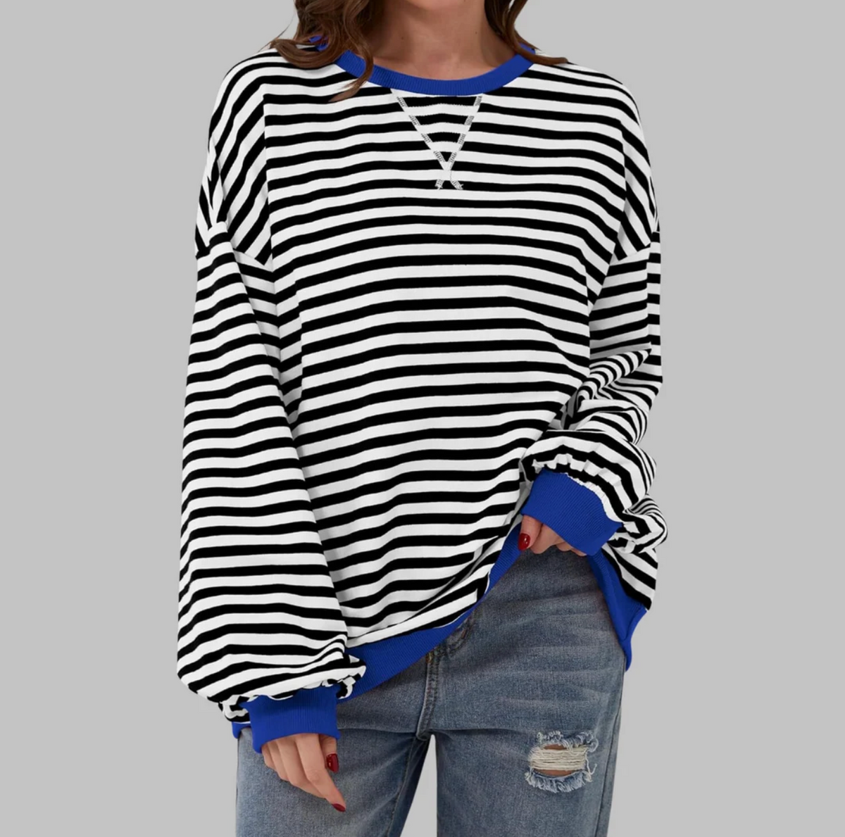 Damska Bluza w Paski z Długim Rękawem – Luźna Bluzka Casual