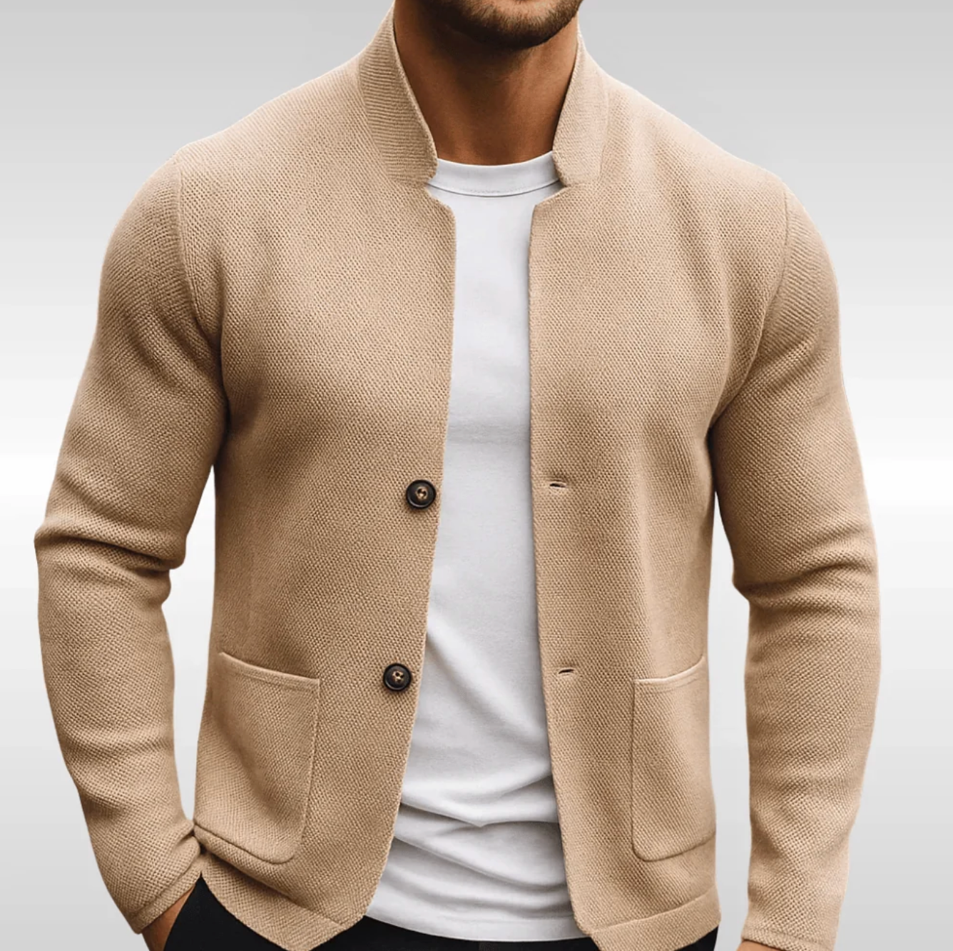 Męski Kardigan Dzianinowy ze Stójką – Elegancki Sweter Zapinany na Guziki