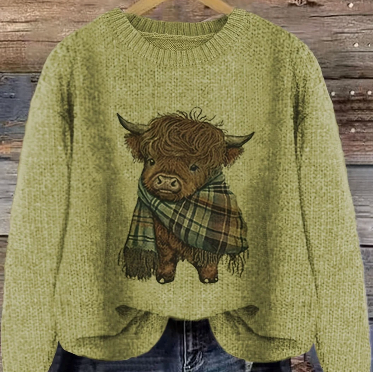 Damski Sweter z Nadrukiem Krowy Highland i Okrągłym Dekoltem