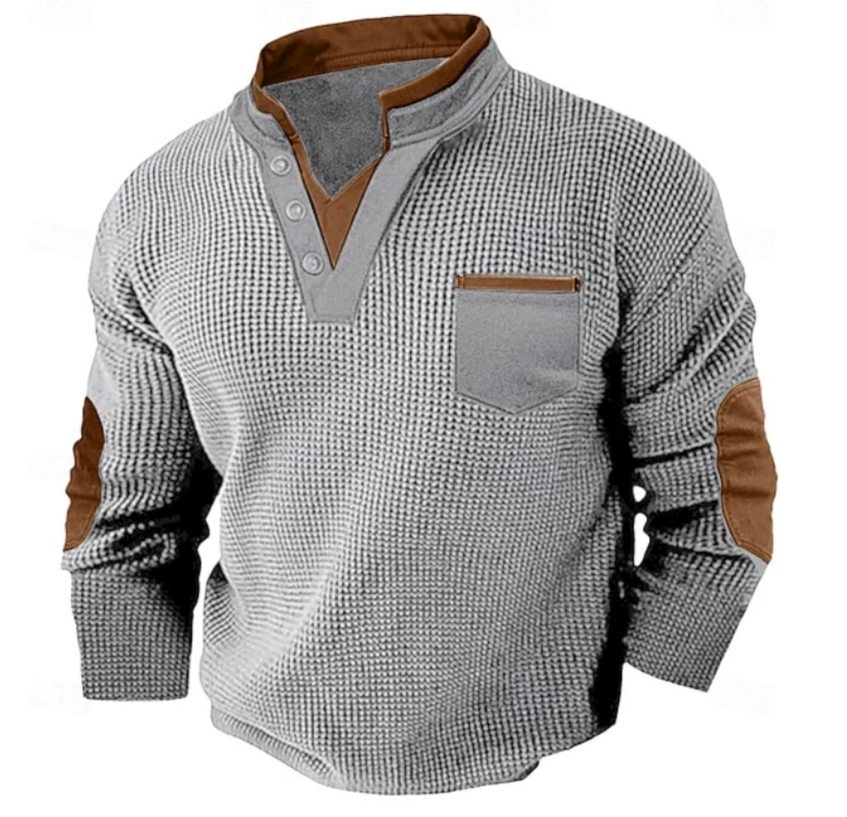Męski Sweter Henley z Długim Rękawem i Kieszenią na Piersi