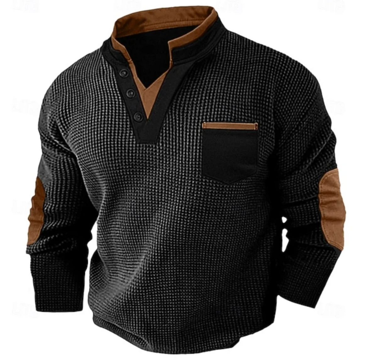 Męski Sweter Henley z Długim Rękawem i Kieszenią na Piersi