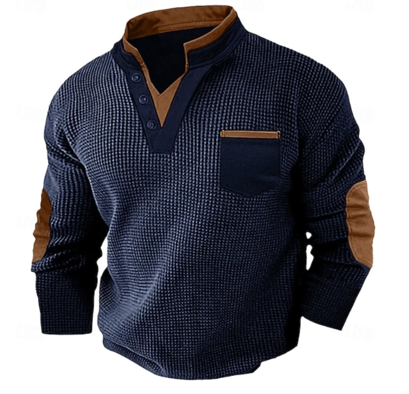 Męski Sweter Henley z Długim Rękawem i Kieszenią na Piersi