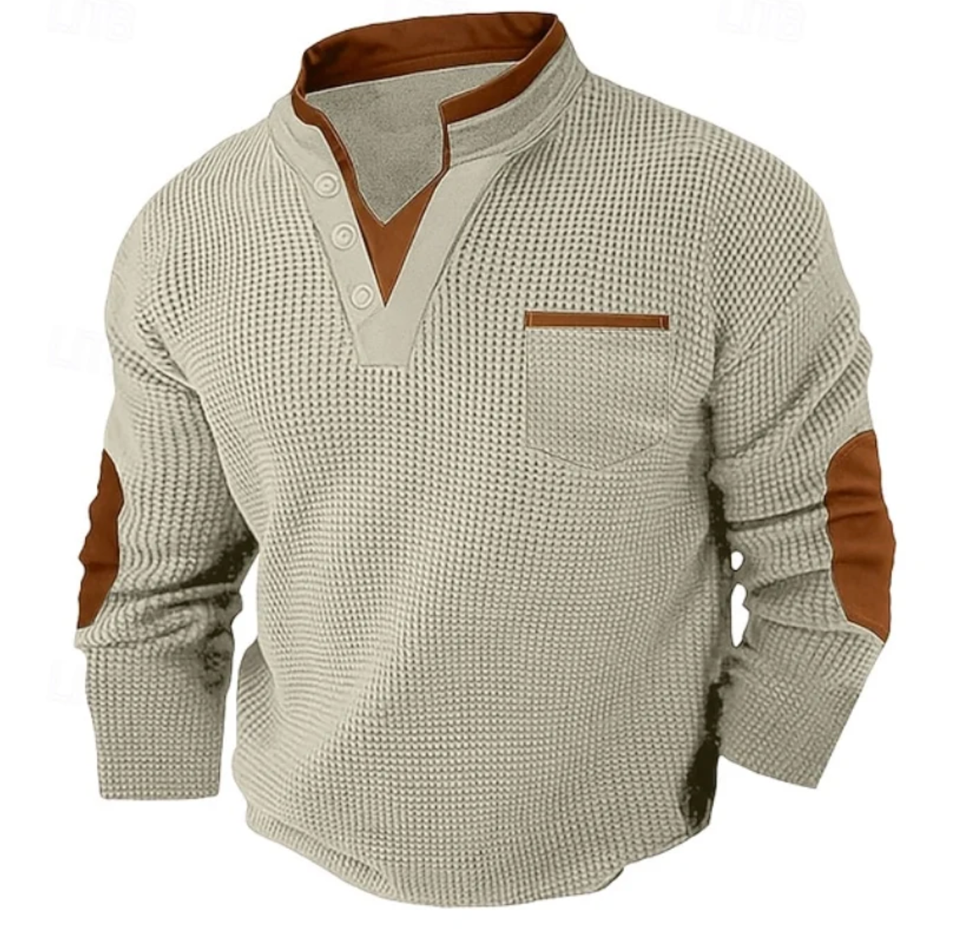 Męski Sweter Henley z Długim Rękawem i Kieszenią na Piersi