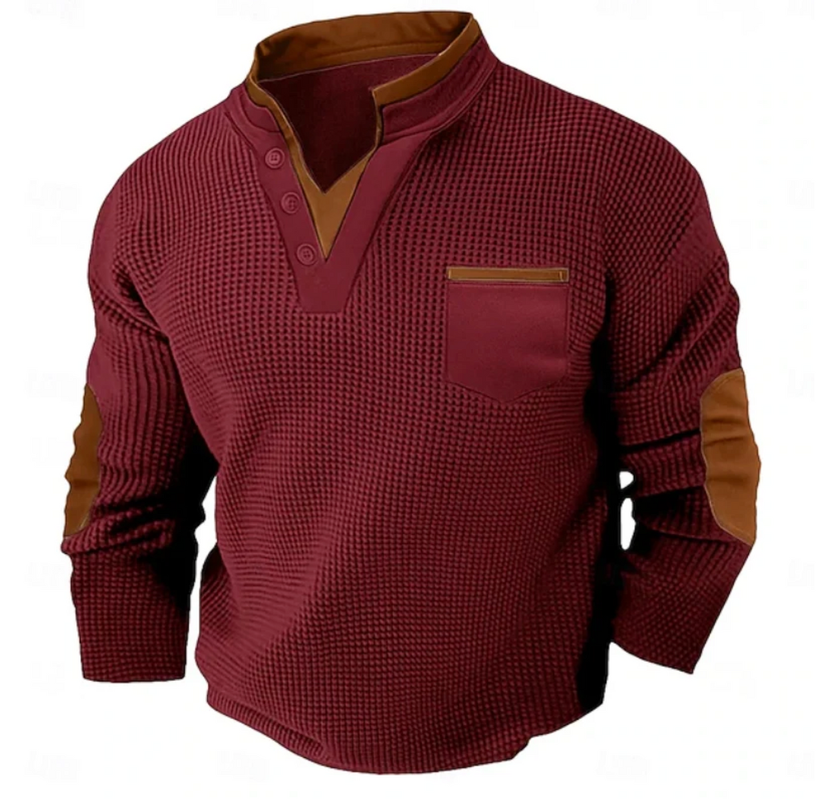 Męski Sweter Henley z Długim Rękawem i Kieszenią na Piersi