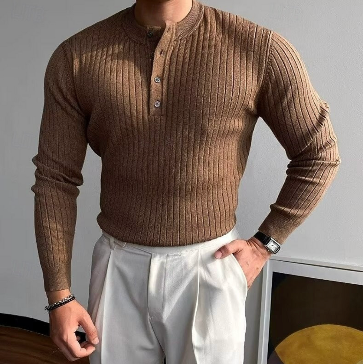 Męski Sweter Henley Prążkowany