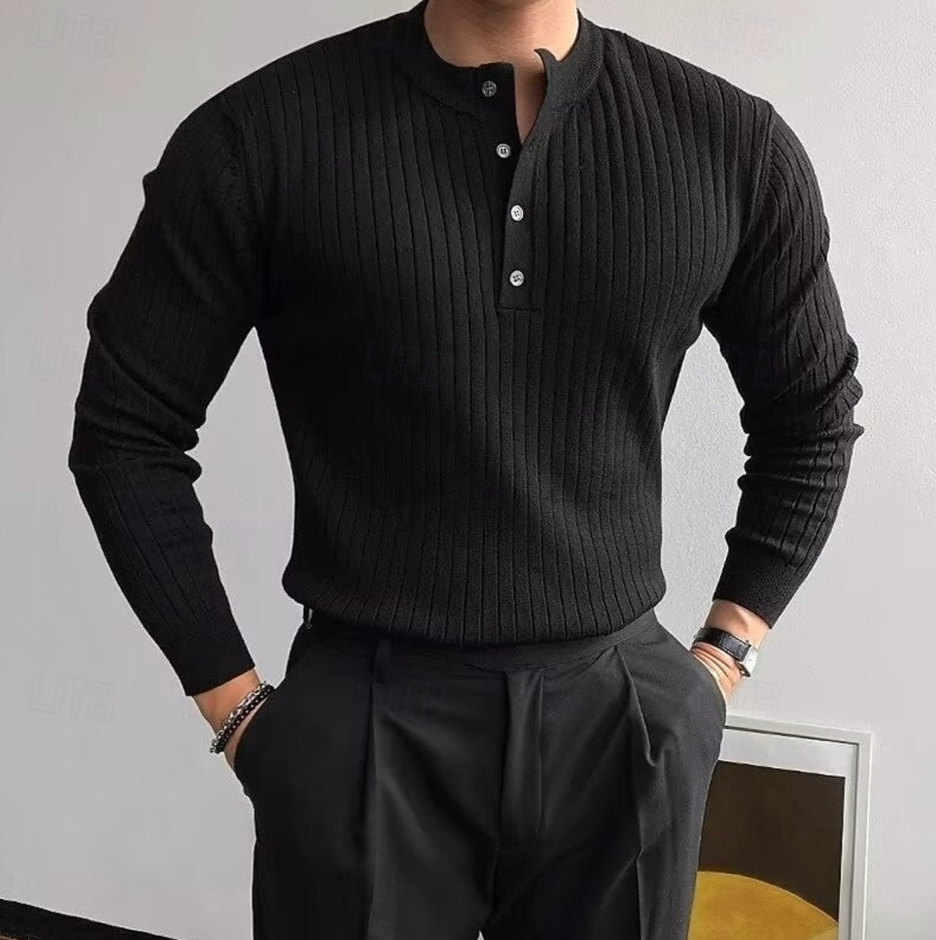 Męski Sweter Henley Prążkowany