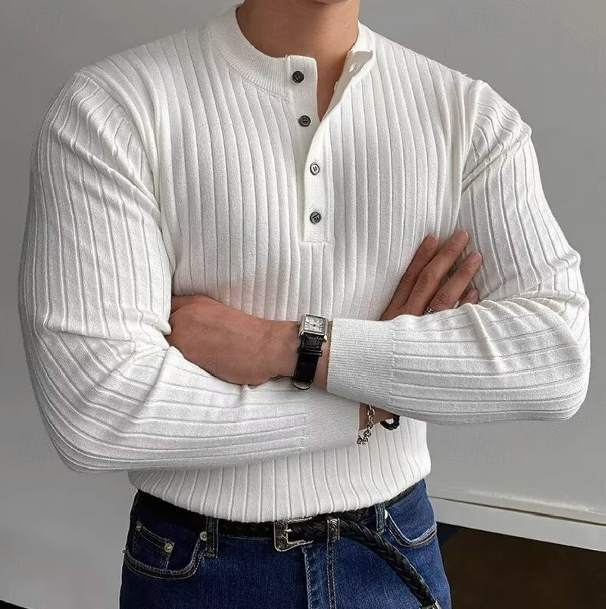 Męski Sweter Henley Prążkowany
