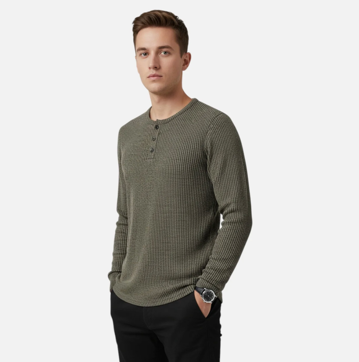 Męski sweter dzianinowy Henley z guzikami i długim rękawem