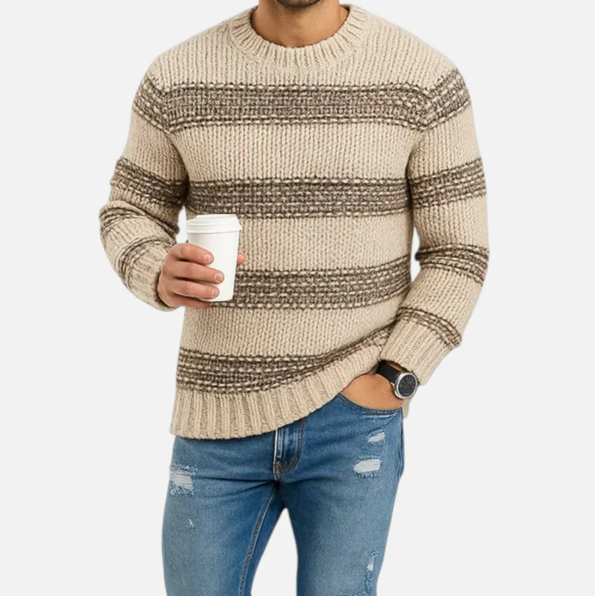 Męski sweter dzianinowy w paski z okrągłym dekoltem