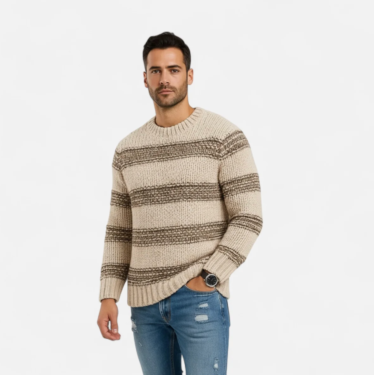 Męski sweter dzianinowy w paski z okrągłym dekoltem