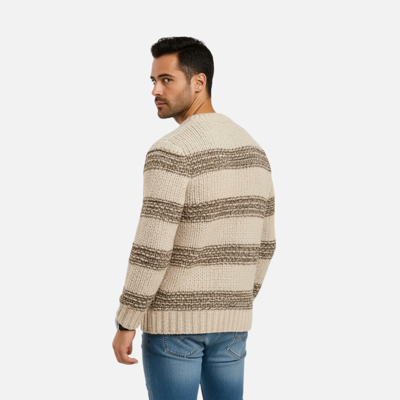 Męski sweter dzianinowy w paski z okrągłym dekoltem