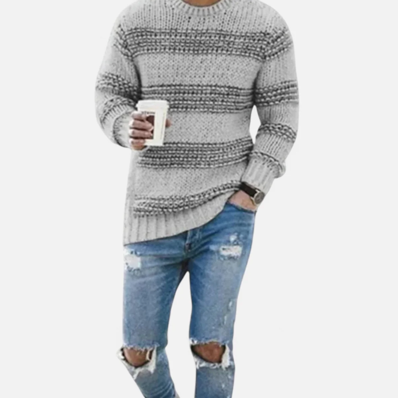 Męski sweter dzianinowy w paski z okrągłym dekoltem
