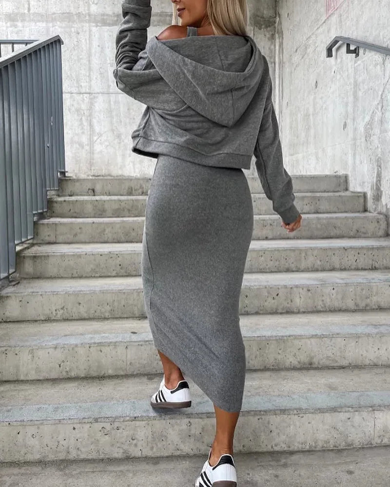 Damski komplet sportowy: bluza oversize i spódnica midi