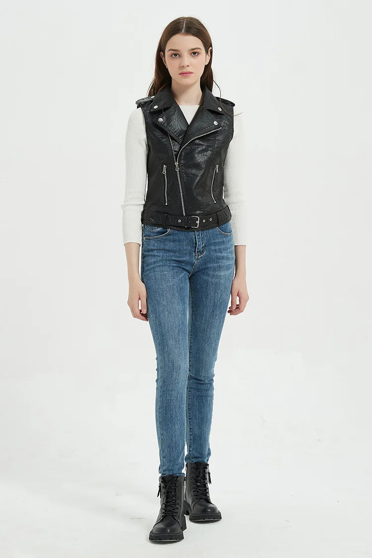 Damska skórzana kamizelka motocyklowa z paskiem