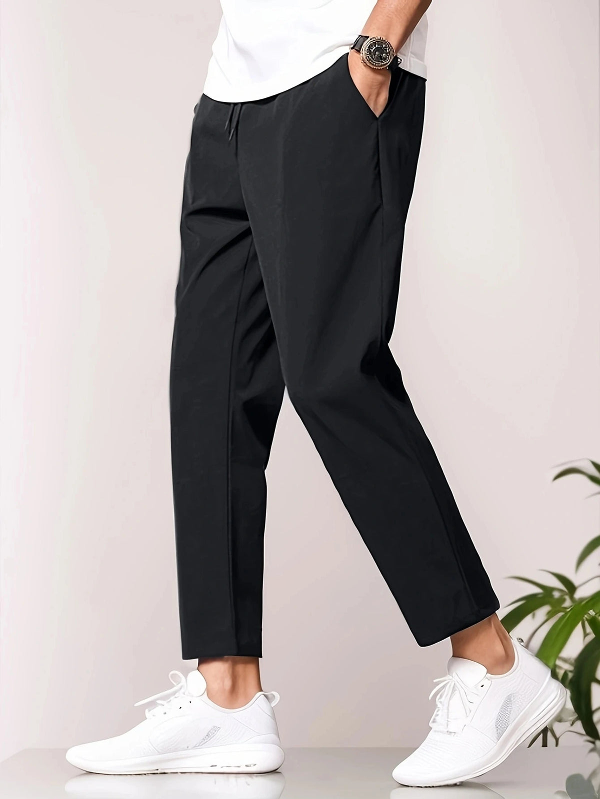 Męskie spodnie materiałowe slim fit z elastycznym pasem – elegancko-casualowe