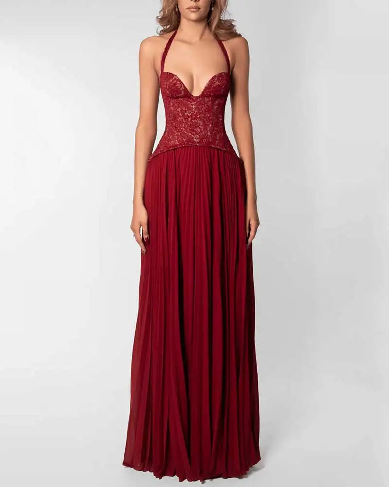 Długa Sukienka Maxi Halter z Plisowaną Spódnicą – Elegancka Sukienka Wieczorowa na Wesele