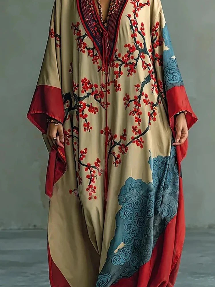Długa Sukienka Kimono z Kwiatowym Wzorem i Kieszeniami
