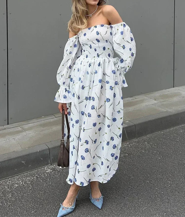 Letnia sukienka muślinowa hiszpanka midi w kwiaty – z bufiastymi rękawami i marszczeniem