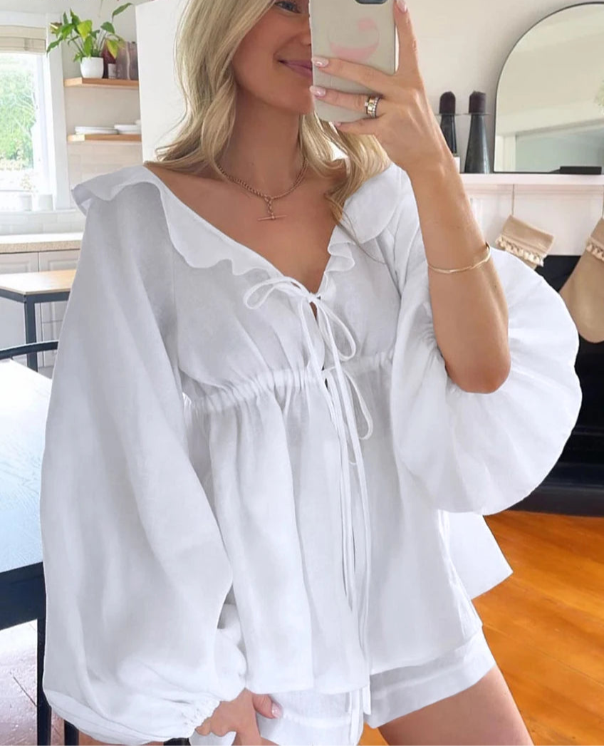 Stylowy Komplet lniany z Bufiastymi Rękawami